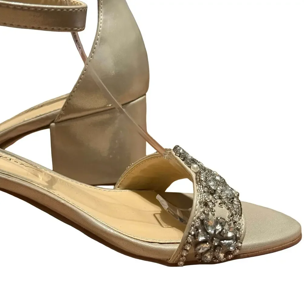 Betsey Johnson Mel Champagne Rhinestone Ankle Strap Block Heel Sandals Shoes 6.5